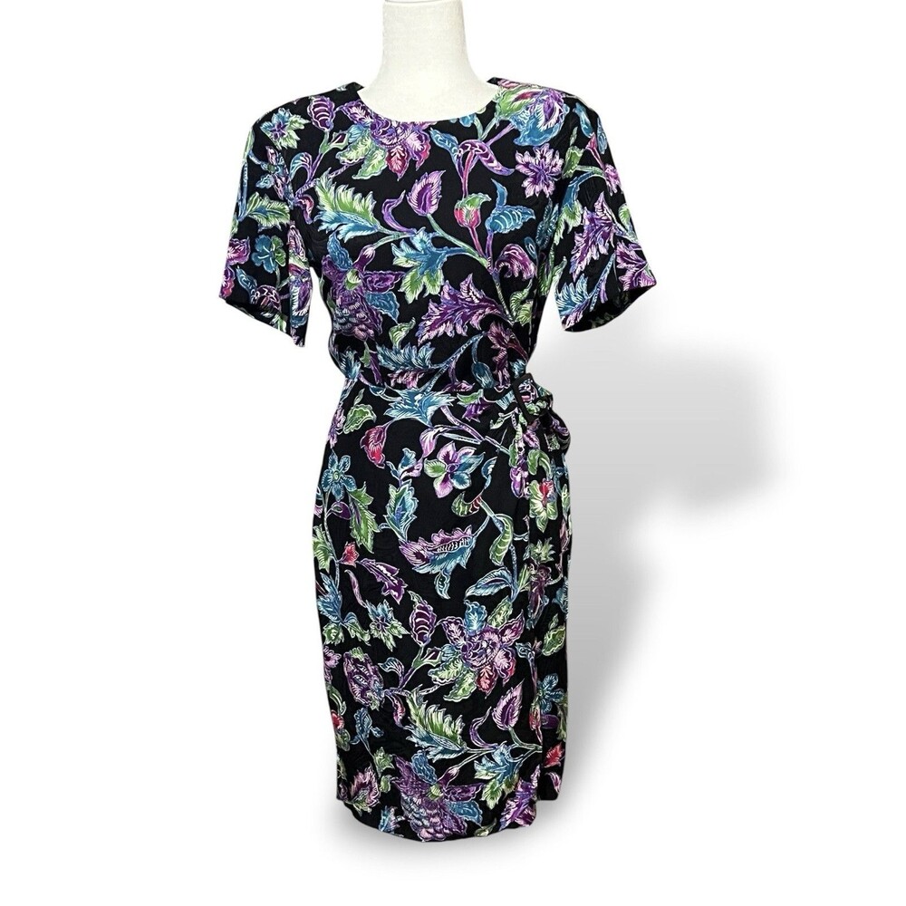 Vintage Liz Claiborne 100% Silk Botanical Floral Wrap Style Summer Dress Size 4